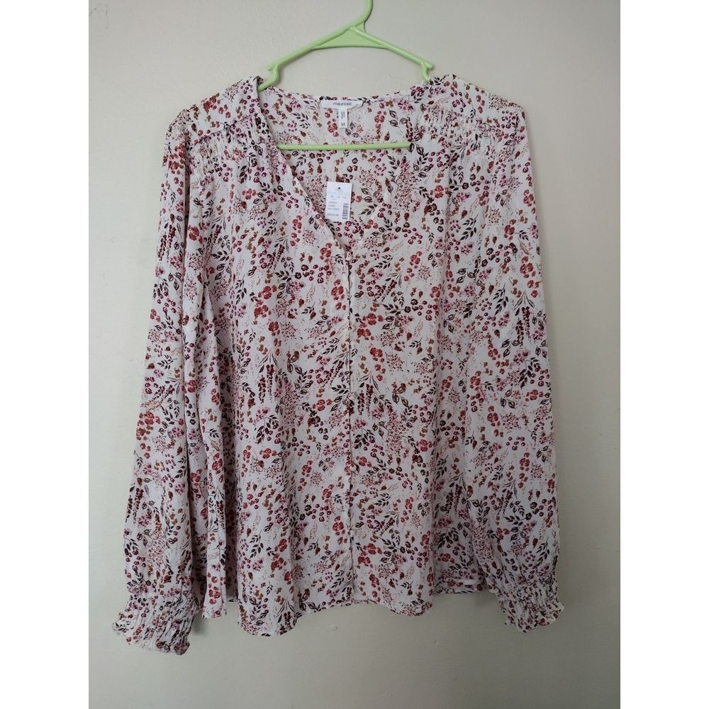 Maurices Cream Long-Sleeve Floral Blouse with Red & Brown Accents
